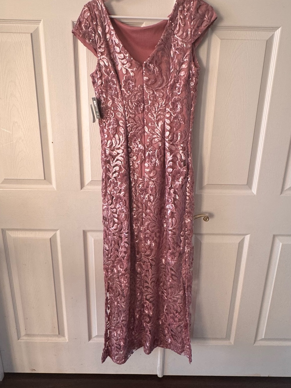 Sequin-Embellished Dusty Rose Maxi Dress with Cap Sleeves